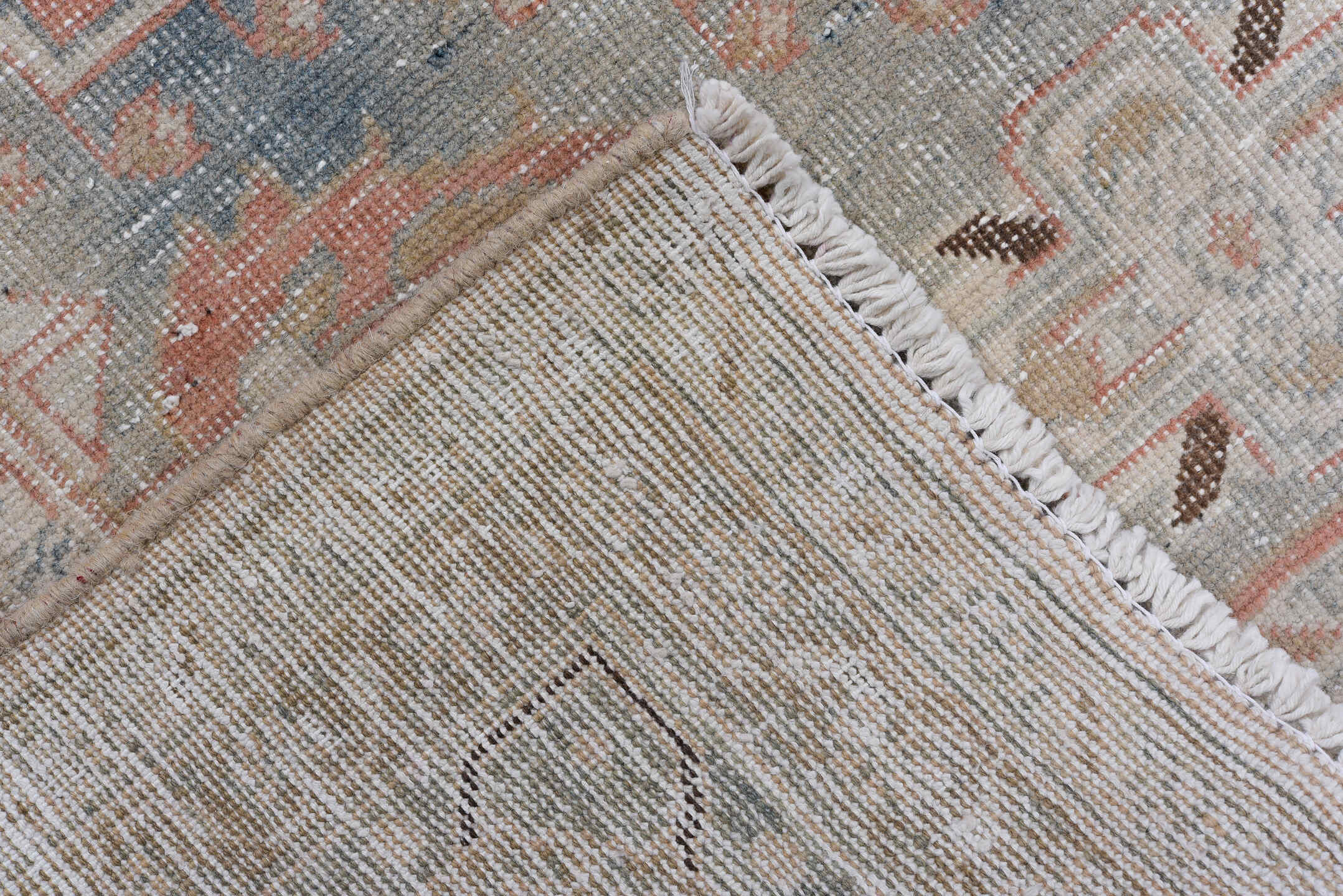 7' x 10' one-of-a-kind handmade vintage Veece large size rug. Color palette: blue, brown, dim gray, gainsboro, gray