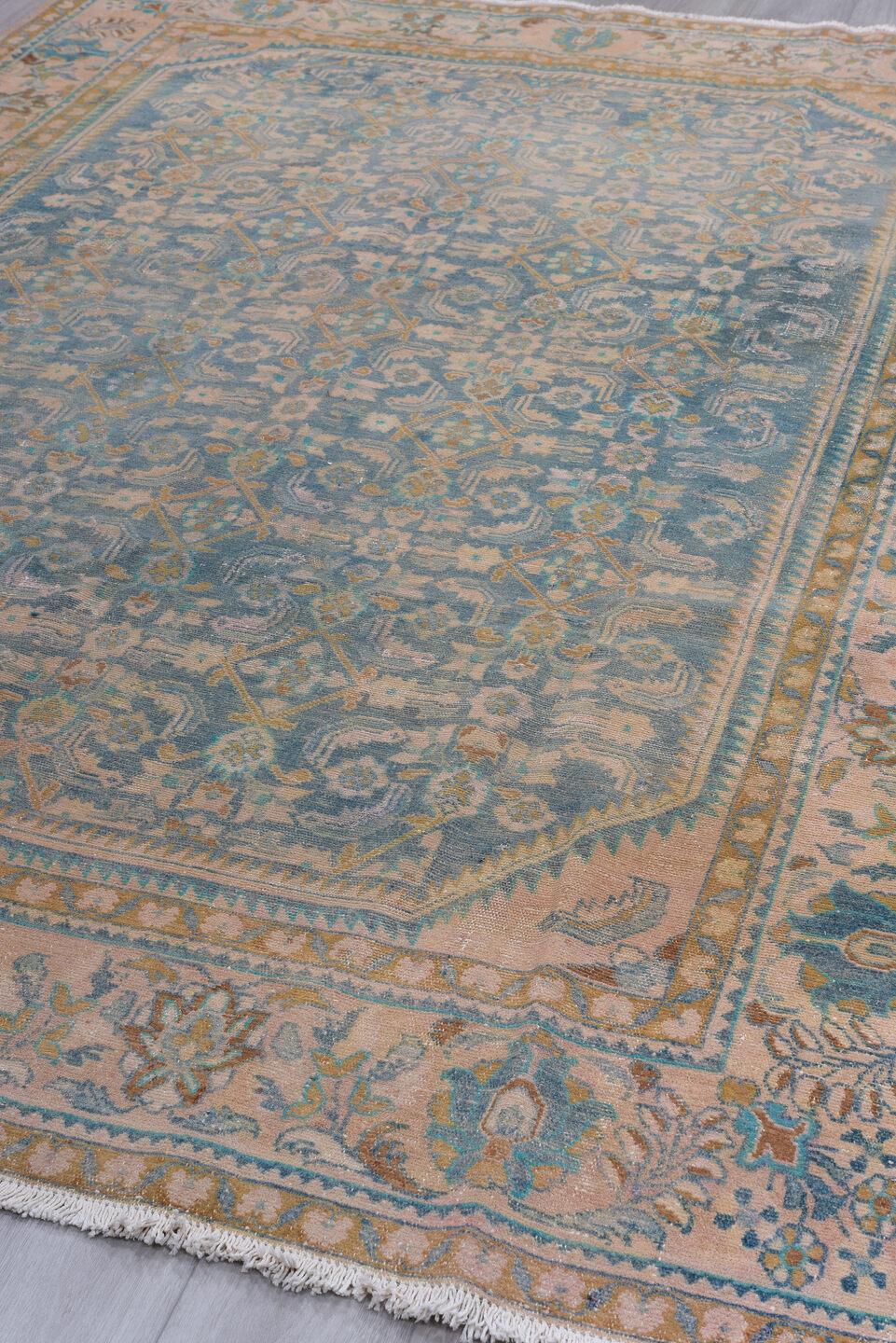 6' x 10' one-of-a-kind handmade vintage Malayer large size rug. Color palette: blue, ivory, blush, taupe, camel, teal, tan
