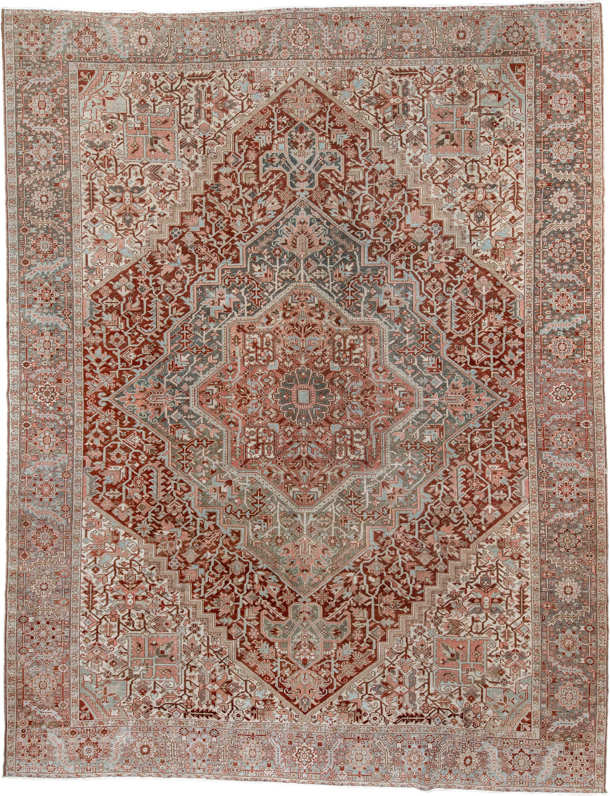 11' x 15' one-of-a-kind handmade antique Heriz oversize rug. Color palette: rust, ivory, sage, slate blue, dusty rose, taupe
