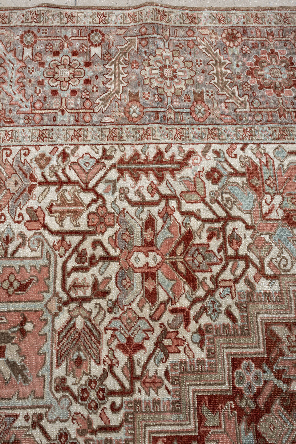 11' x 15' one-of-a-kind handmade antique Heriz oversize rug. Color palette: rust, ivory, sage, slate blue, dusty rose, taupe