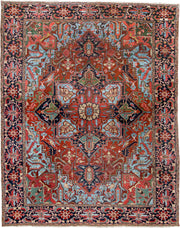 12' x 15' one-of-a-kind handmade antique Heriz oversize rug. Color palette: brick red, navy, turquoise, ivory, sage, coral