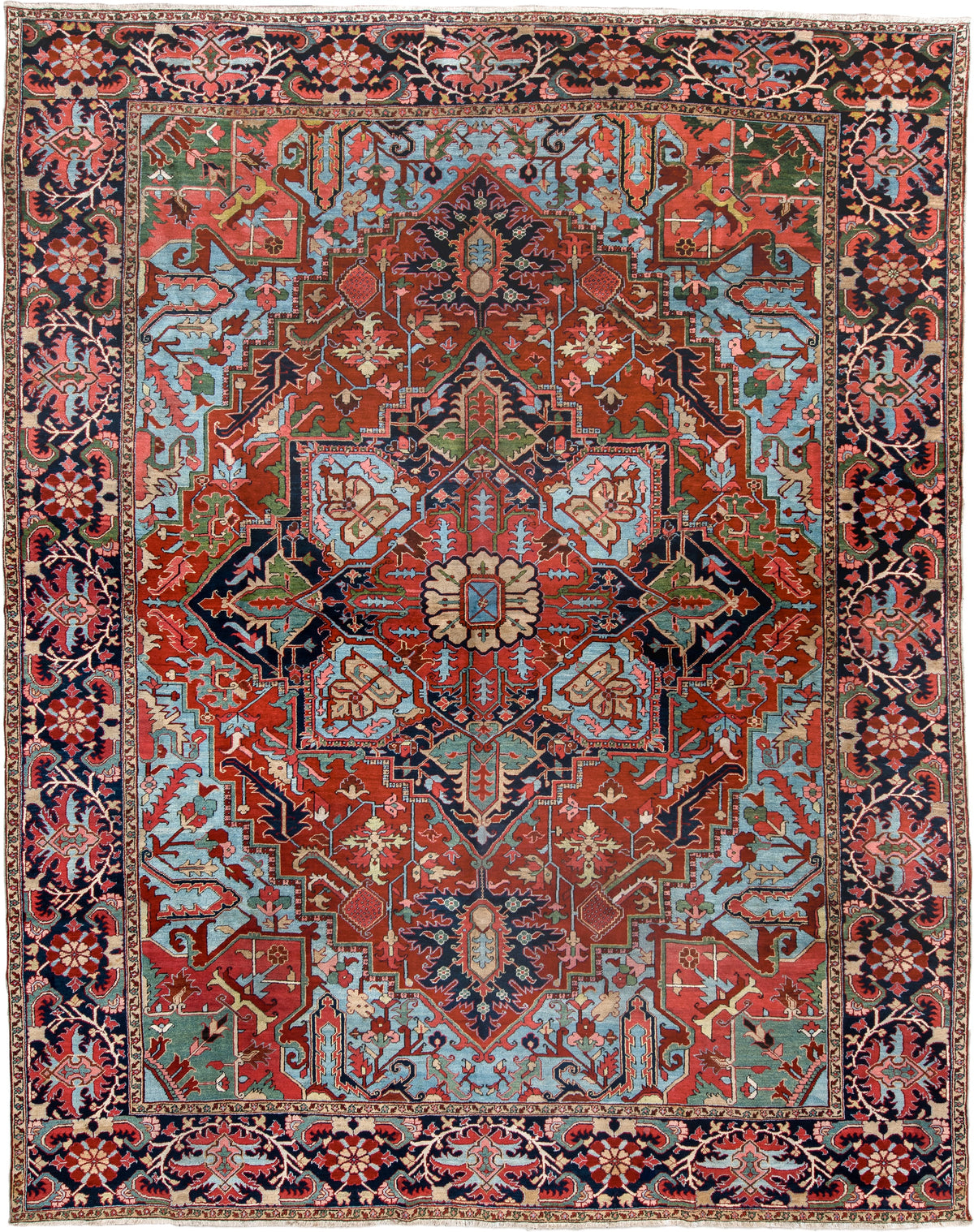 12' x 15' one-of-a-kind handmade antique Heriz oversize rug. Color palette: brick red, navy, turquoise, ivory, sage, coral