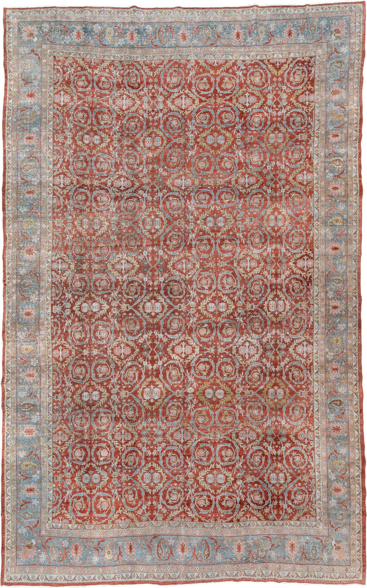 11' x 18' one-of-a-kind handmade antique Bidjar oversize rug. Color palette: terracotta, powder blue, ivory, rust, sage