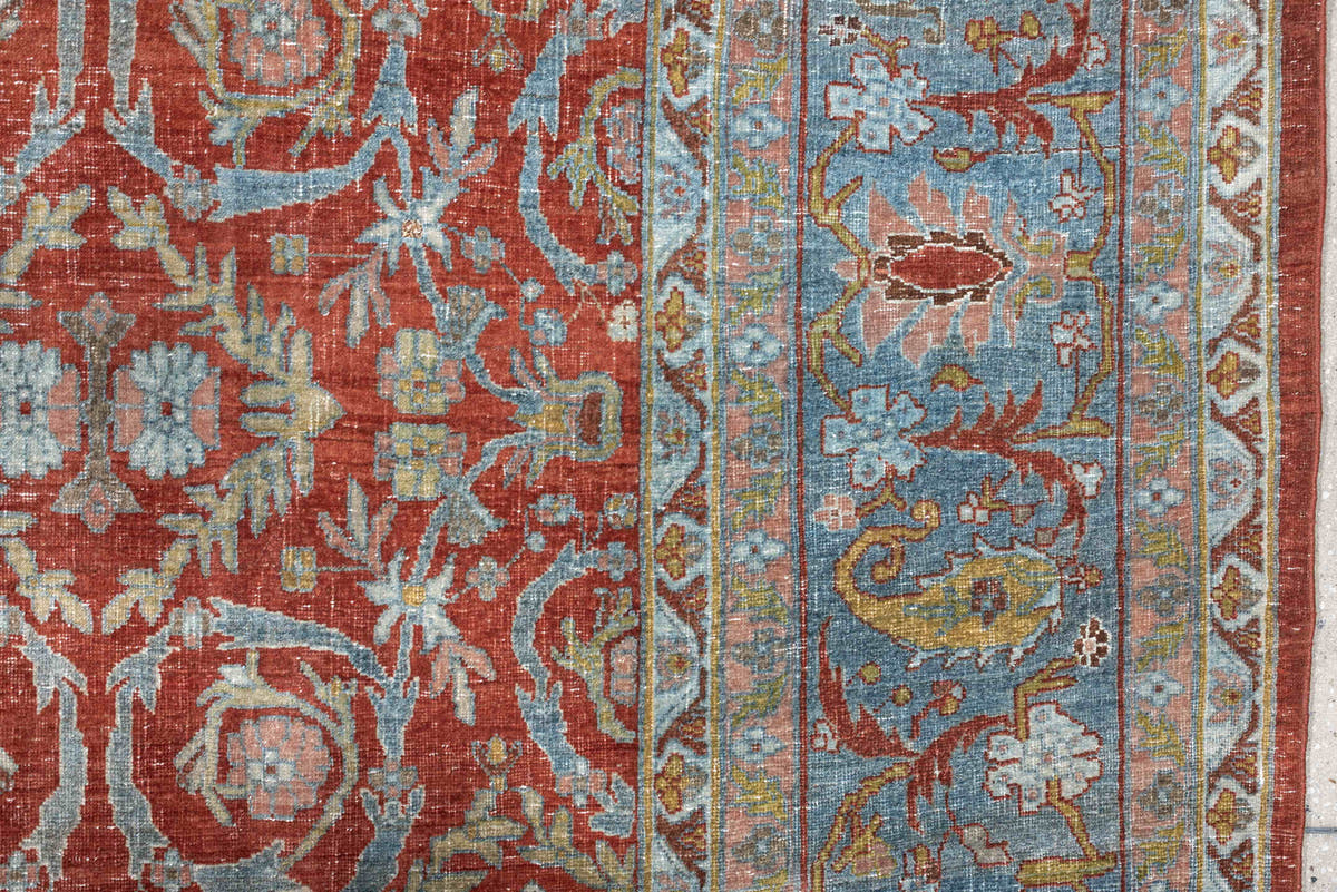 11' x 18' one-of-a-kind handmade antique Bidjar oversize rug. Color palette: terracotta, powder blue, ivory, rust, sage
