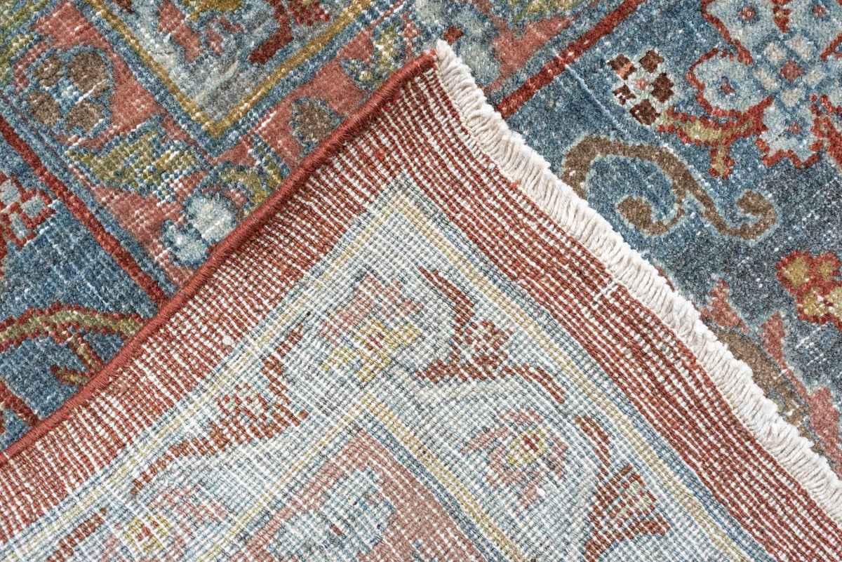11' x 18' one-of-a-kind handmade antique Bidjar oversize rug. Color palette: terracotta, powder blue, ivory, rust, sage