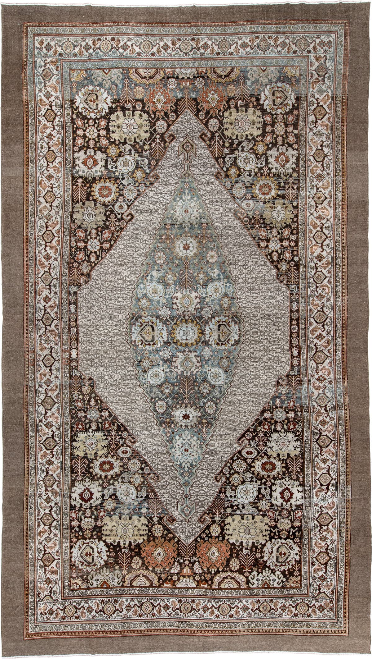 11' x 19' one-of-a-kind handmade antique Bibikabad oversize rug. Color palette: ivory, taupe, ebony, powder blue, rust