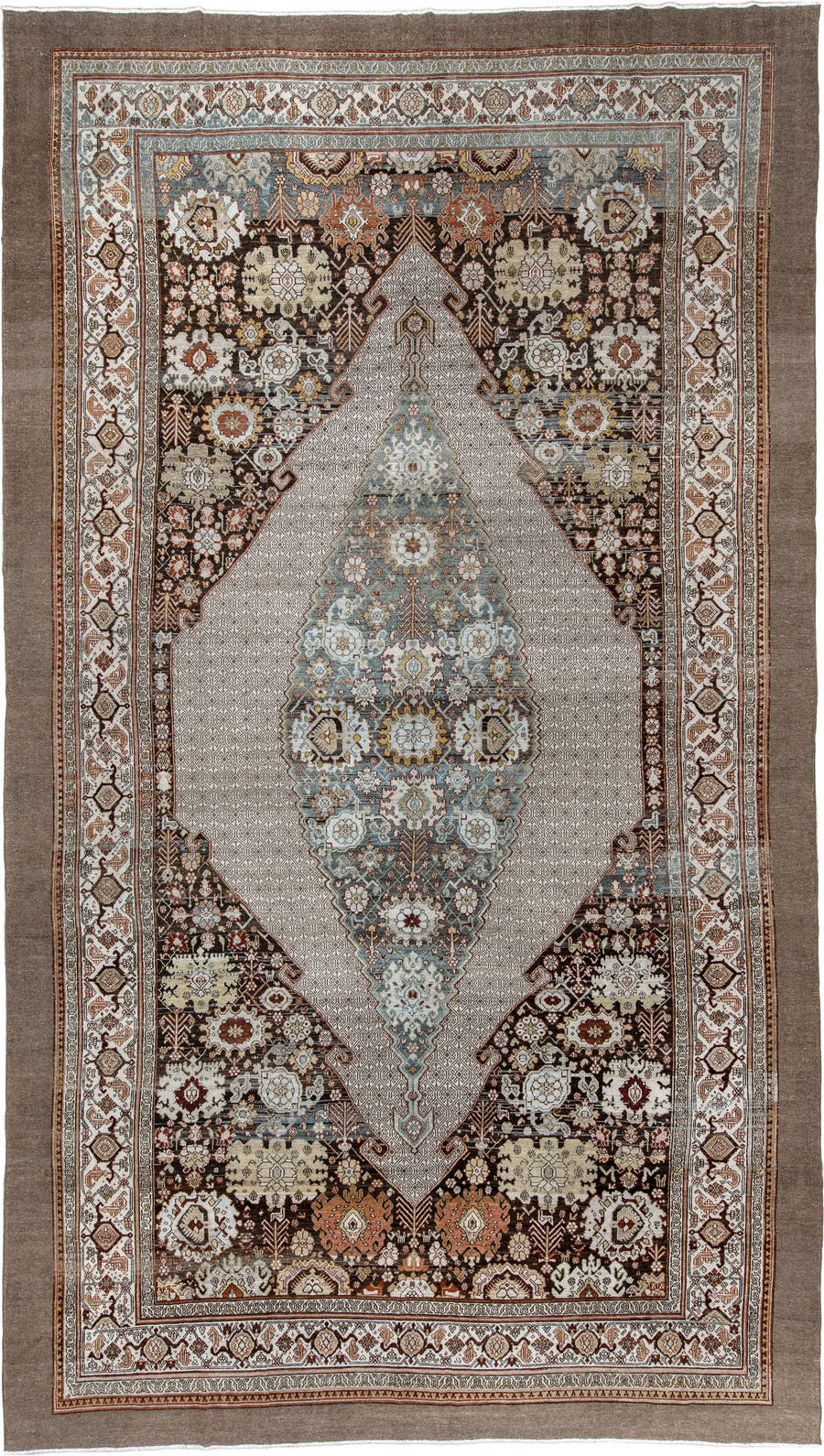11' x 19' one-of-a-kind handmade antique Bibikabad oversize rug. Color palette: ivory, taupe, ebony, powder blue, rust