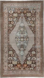 11' x 19' one-of-a-kind handmade antique Bibikabad oversize rug. Color palette: ivory, taupe, ebony, powder blue, rust