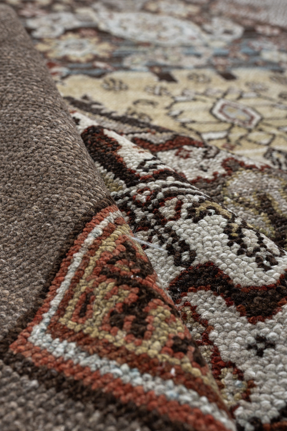 11' x 19' one-of-a-kind handmade antique Bibikabad oversize rug. Color palette: ivory, taupe, ebony, powder blue, rust