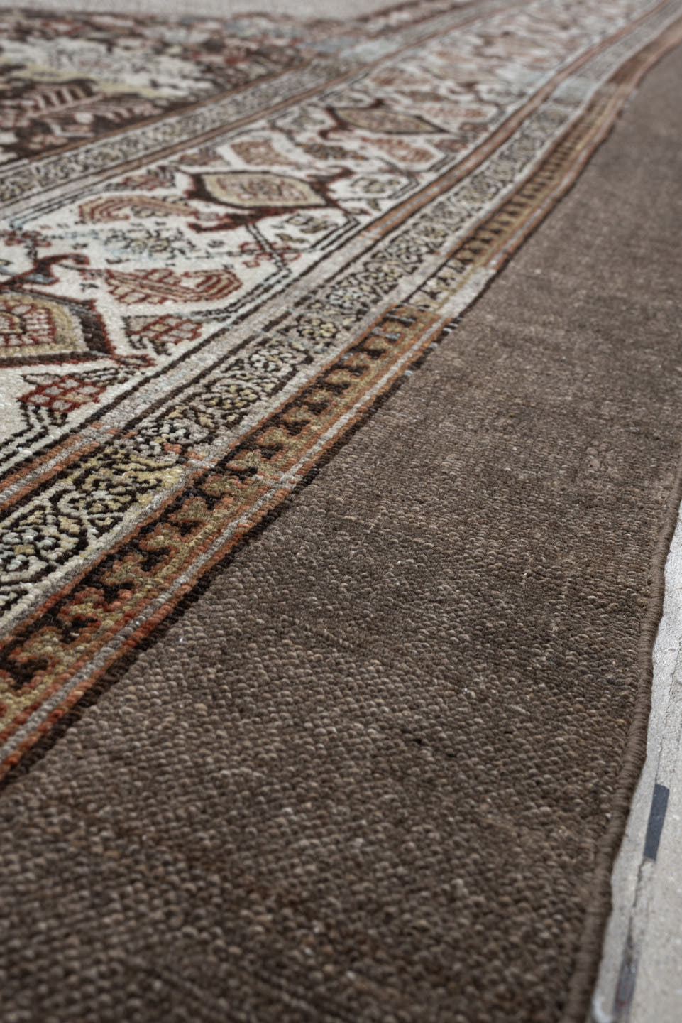 11' x 19' one-of-a-kind handmade antique Bibikabad oversize rug. Color palette: ivory, taupe, ebony, powder blue, rust