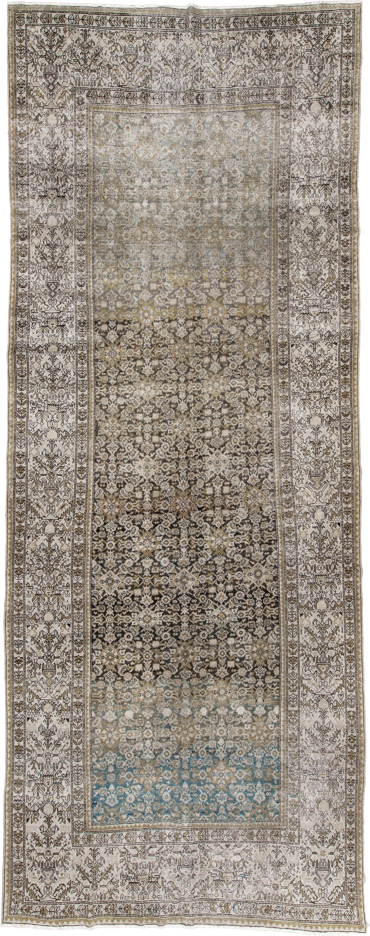 6' x 17' one-of-a-kind handmade antique Malayer rug. Color palette: ivory, taupe, charcoal, slate, turquoise, sage, camel