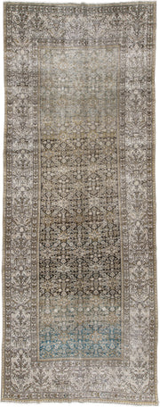 6' x 17' one-of-a-kind handmade antique Malayer rug. Color palette: ivory, taupe, charcoal, slate, turquoise, sage, camel
