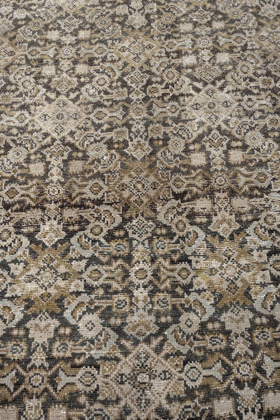 6' x 17' one-of-a-kind handmade antique Malayer rug. Color palette: ivory, taupe, charcoal, slate, turquoise, sage, camel