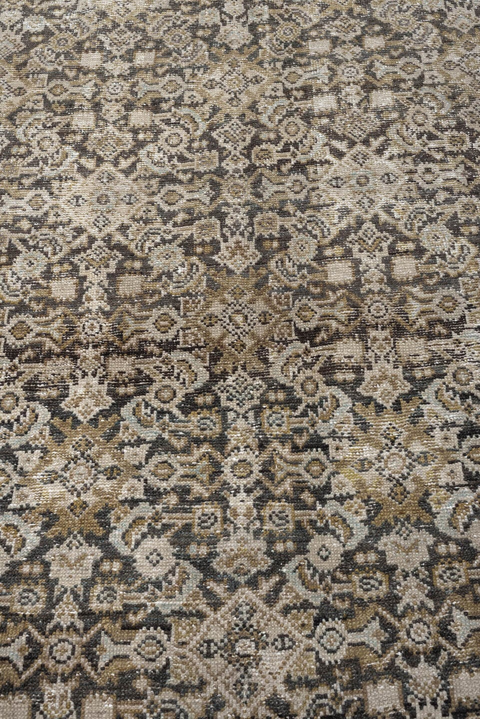 6' x 17' one-of-a-kind handmade antique Malayer rug. Color palette: ivory, taupe, charcoal, slate, turquoise, sage, camel