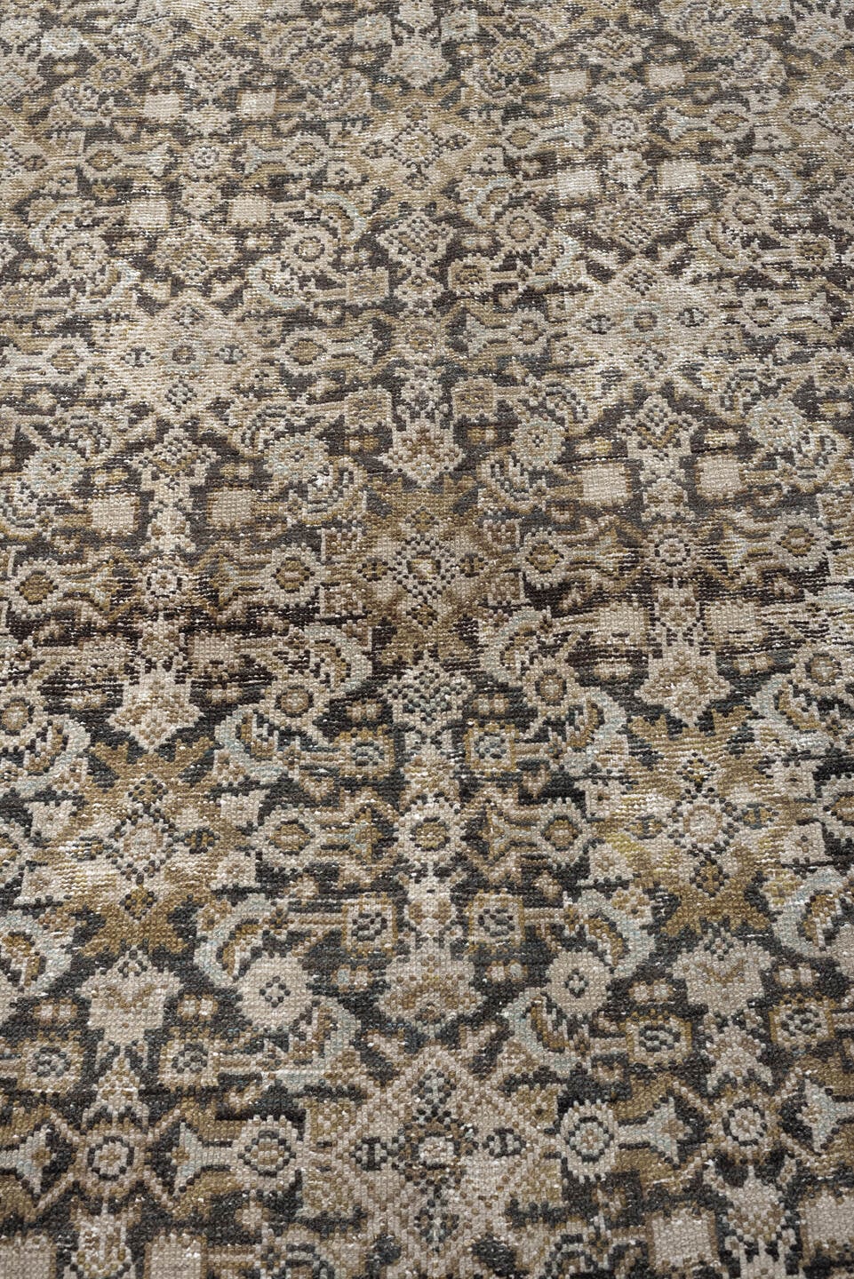 6' x 17' one-of-a-kind handmade antique Malayer rug. Color palette: ivory, taupe, charcoal, slate, turquoise, sage, camel