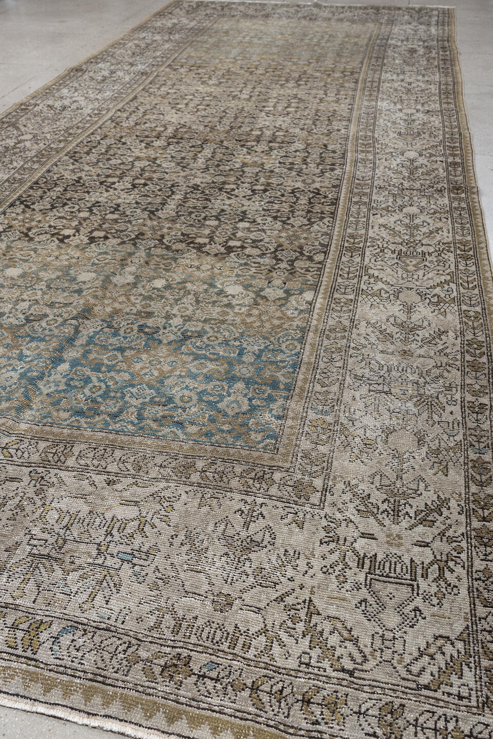 6' x 17' one-of-a-kind handmade antique Malayer rug. Color palette: ivory, taupe, charcoal, slate, turquoise, sage, camel