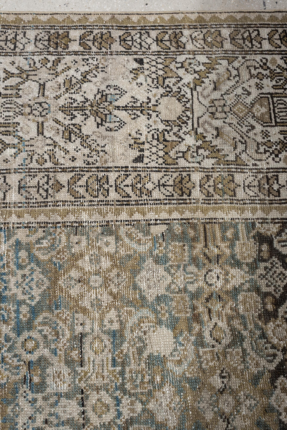 6' x 17' one-of-a-kind handmade antique Malayer rug. Color palette: ivory, taupe, charcoal, slate, turquoise, sage, camel