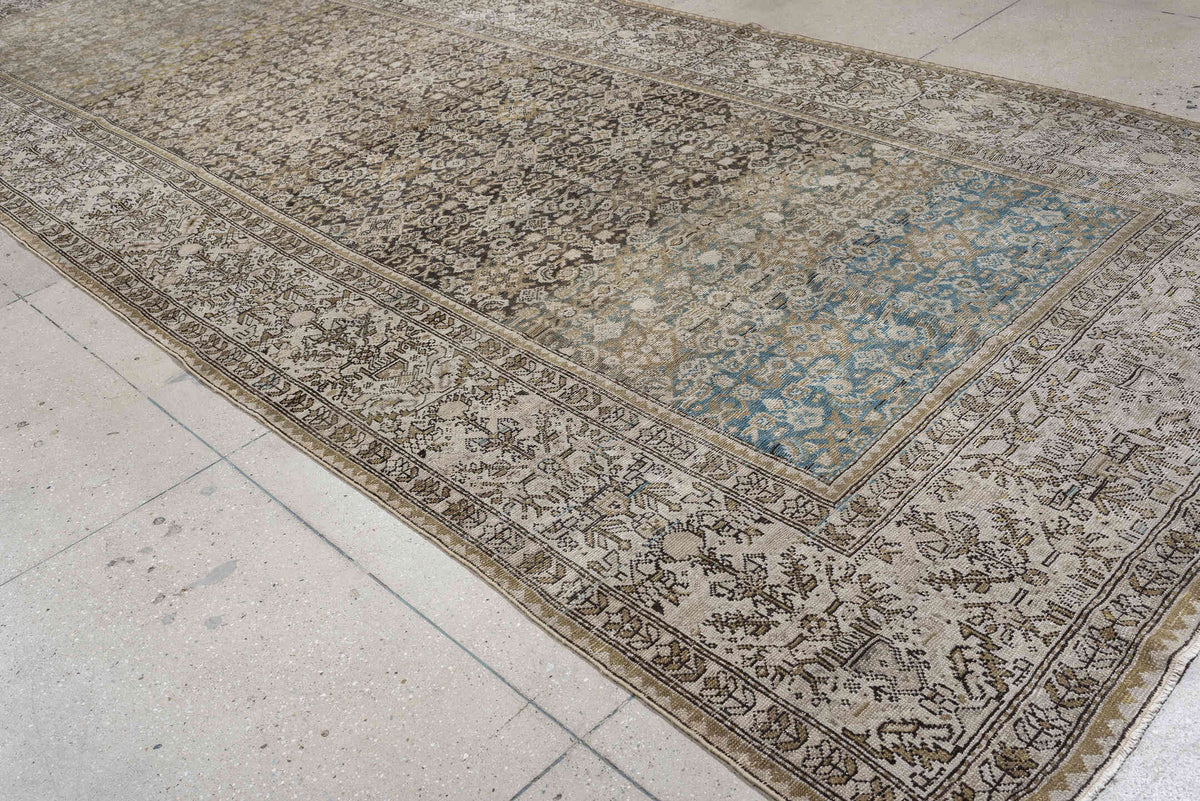 6' x 17' one-of-a-kind handmade antique Malayer rug. Color palette: ivory, taupe, charcoal, slate, turquoise, sage, camel