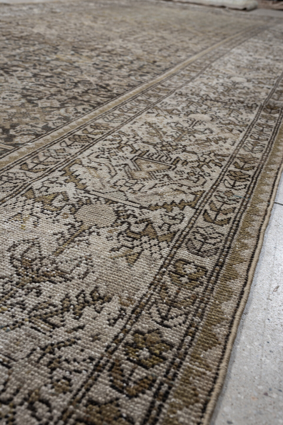 6' x 17' one-of-a-kind handmade antique Malayer rug. Color palette: ivory, taupe, charcoal, slate, turquoise, sage, camel