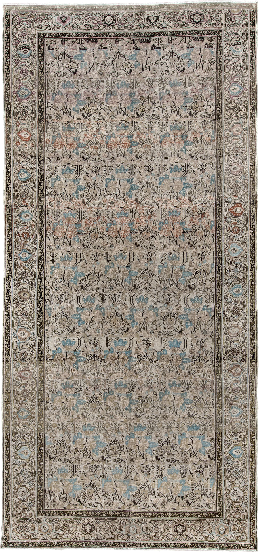 7' x 15' one-of-a-kind handmade antique Malayer rug. Color palette: ivory, taupe, powder blue, blush rose, charcoal, sage