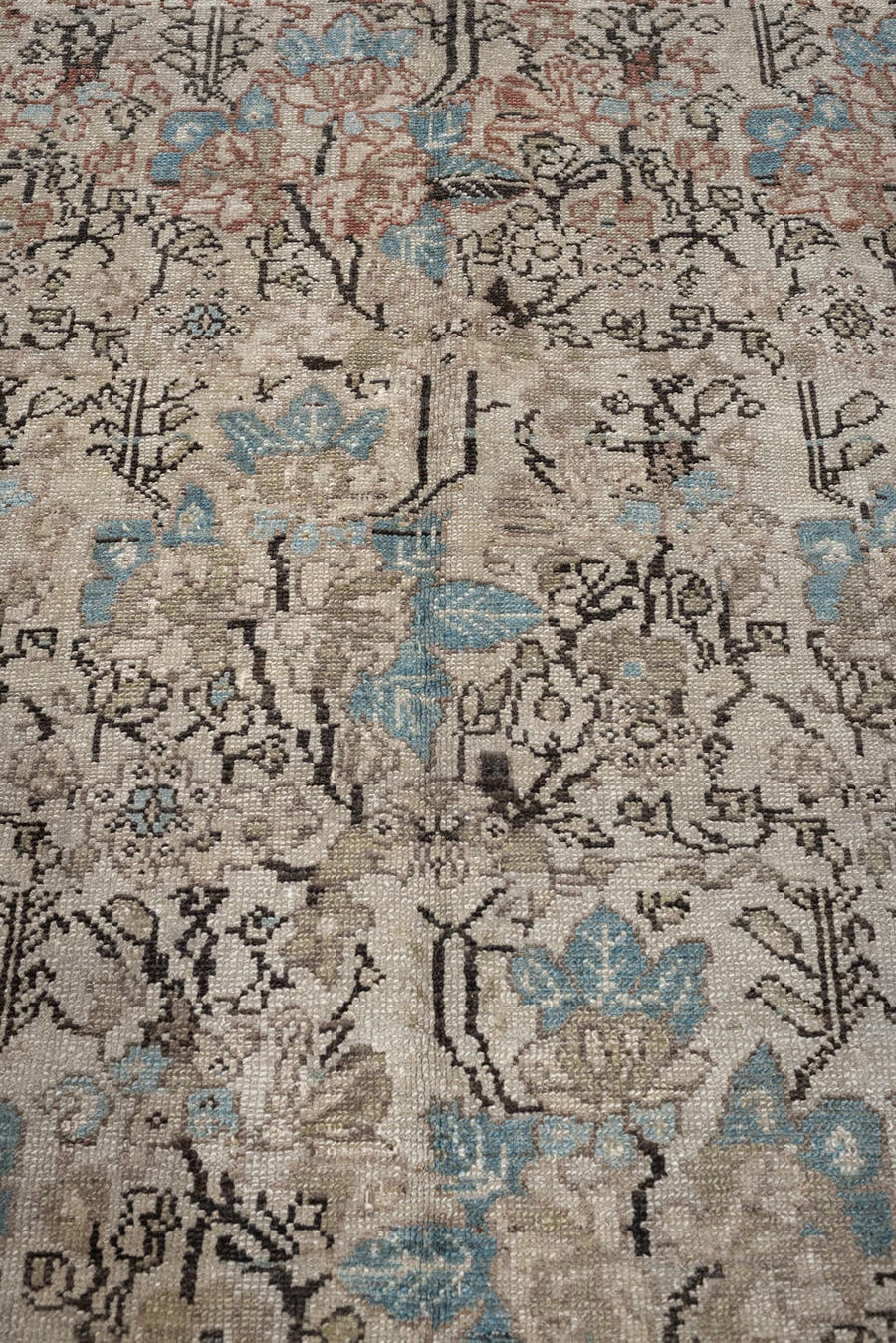 7' x 15' one-of-a-kind handmade antique Malayer rug. Color palette: ivory, taupe, powder blue, blush rose, charcoal, sage