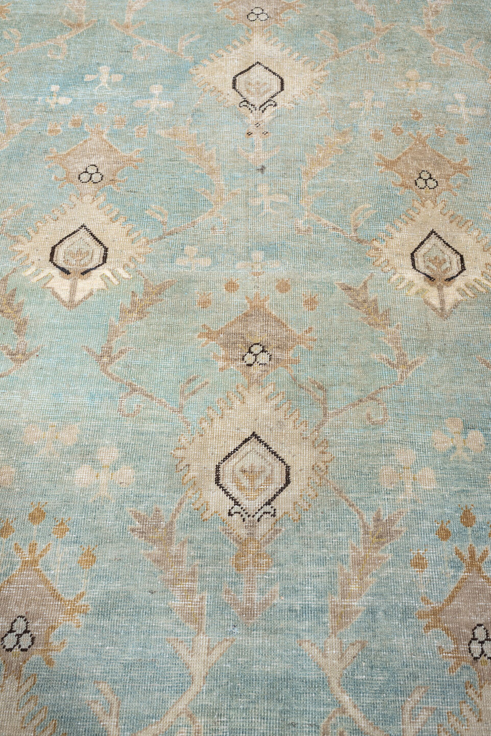 6' x 12' one-of-a-kind handmade antique Khotan large size rug. Color palette: aqua, ivory, beige, tan, taupe, charcoal