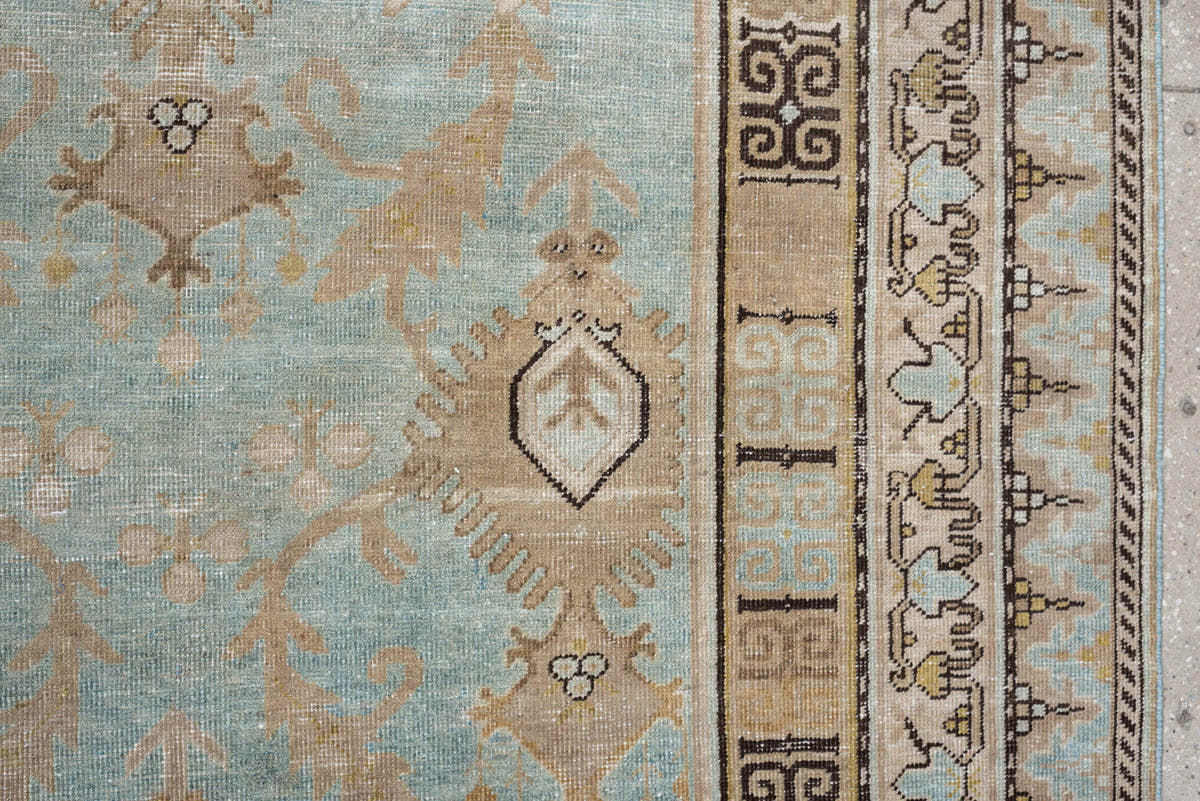 6' x 12' one-of-a-kind handmade antique Khotan large size rug. Color palette: aqua, ivory, beige, tan, taupe, charcoal