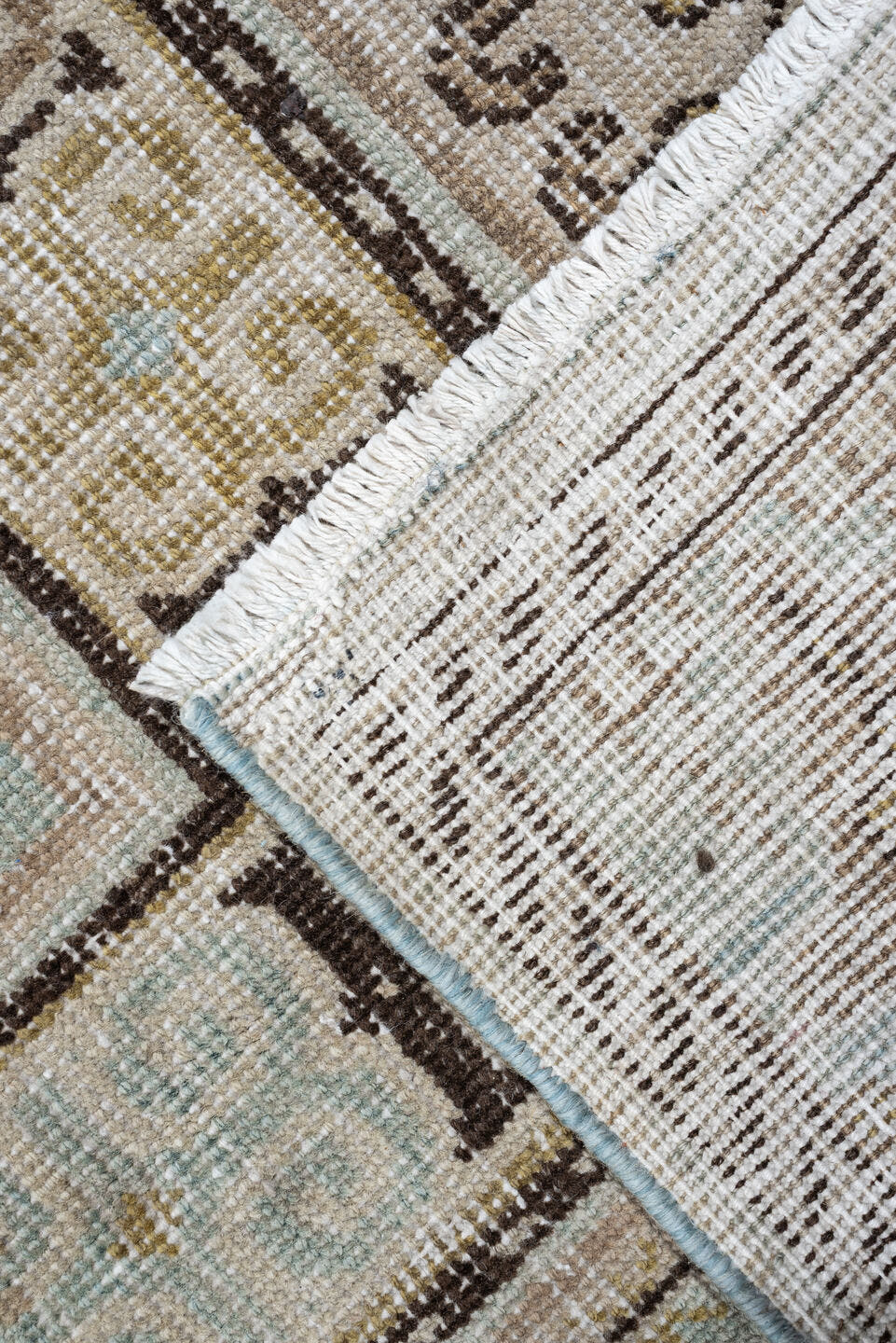 6' x 12' one-of-a-kind handmade antique Khotan large size rug. Color palette: aqua, ivory, beige, tan, taupe, charcoal