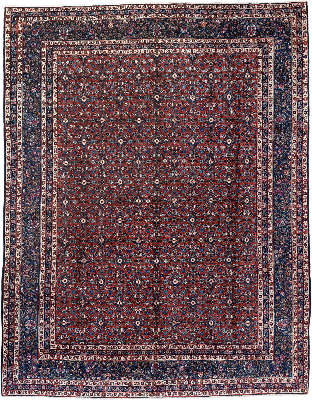 10' x 13' one-of-a-kind handmade antique Tehran large size rug. Color palette: crimson, navy, ivory, rust, slate, teal, rose