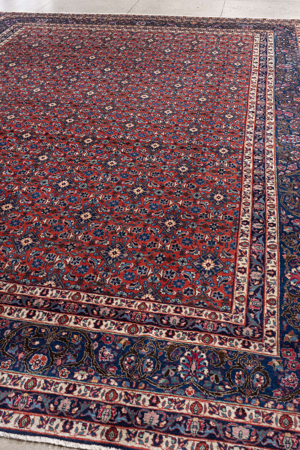 10' x 13' one-of-a-kind handmade antique Tehran large size rug. Color palette: crimson, navy, ivory, rust, slate, teal, rose