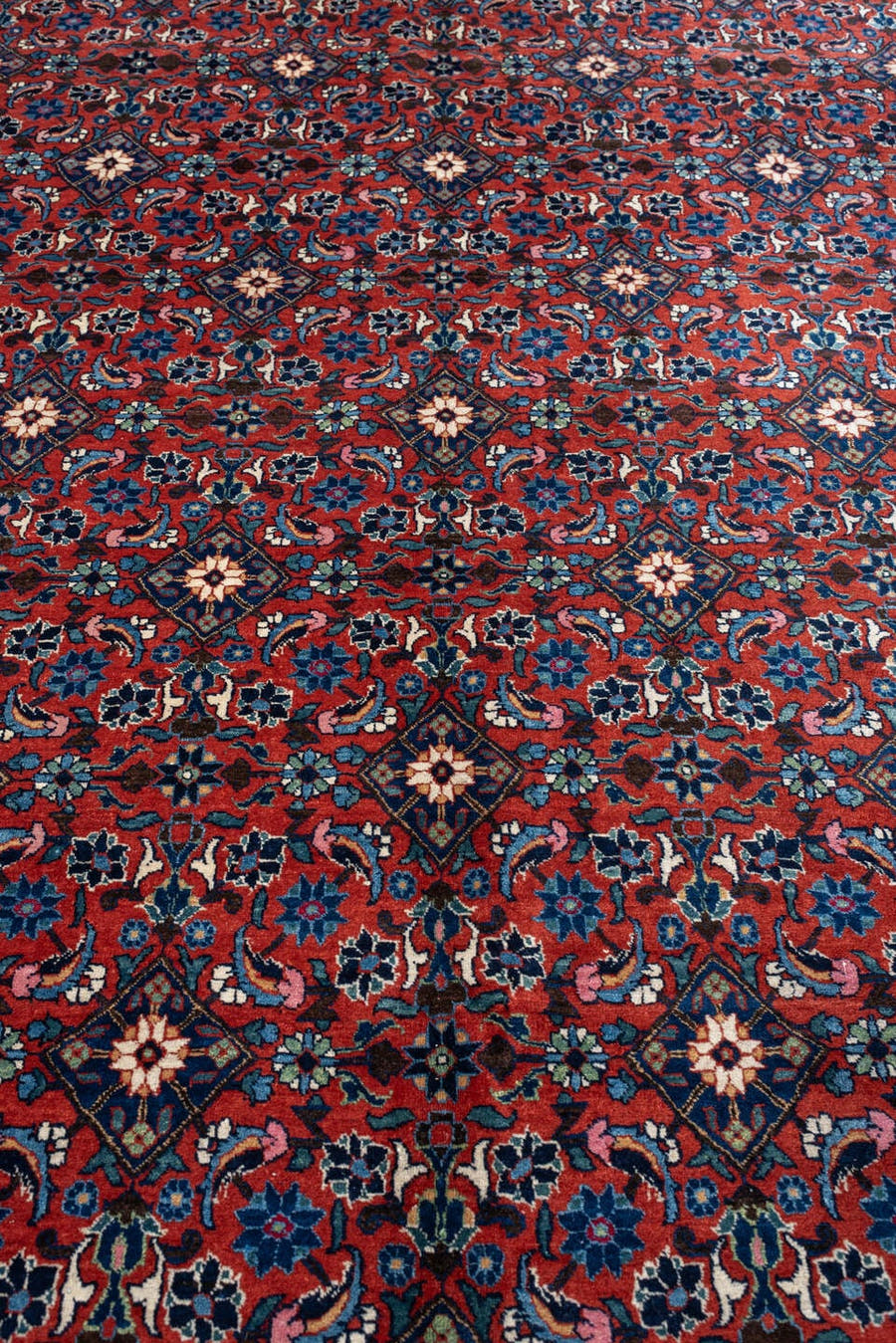 10' x 13' one-of-a-kind handmade antique Tehran large size rug. Color palette: crimson, navy, ivory, rust, slate, teal, rose