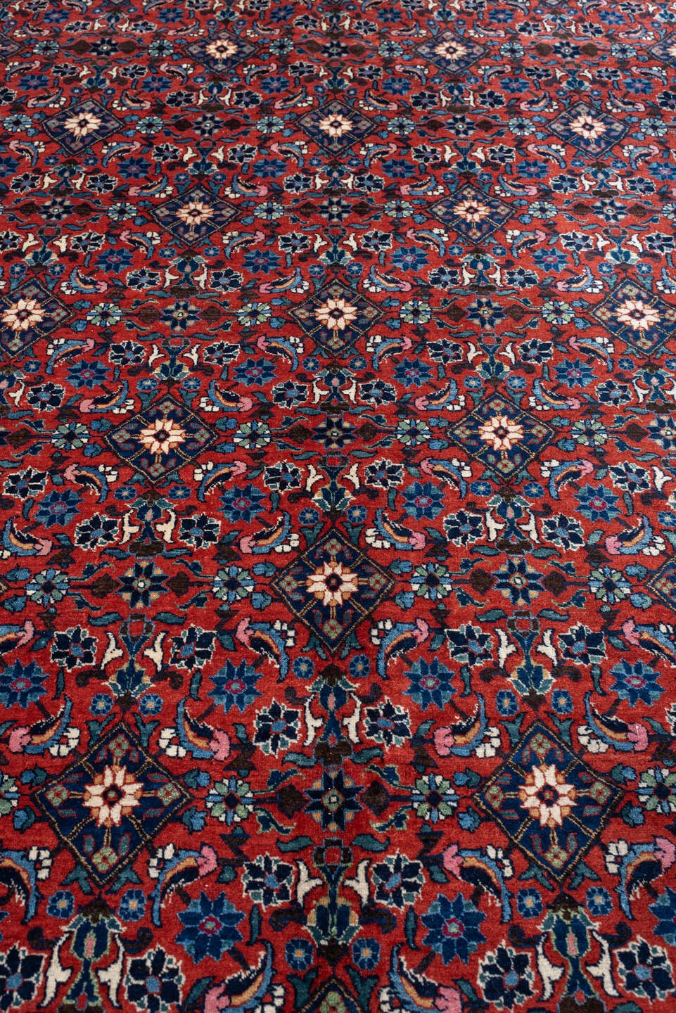 10' x 13' one-of-a-kind handmade antique Tehran large size rug. Color palette: crimson, navy, ivory, rust, slate, teal, rose