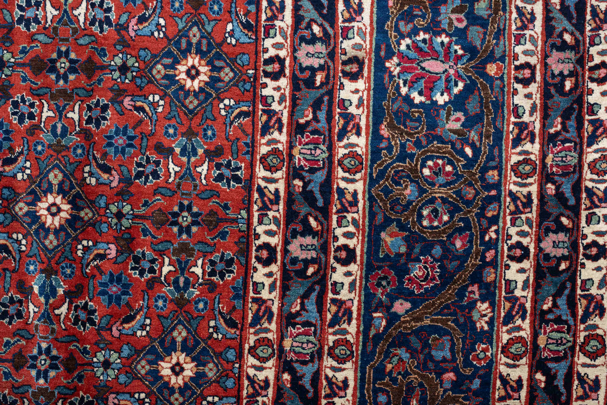 10' x 13' one-of-a-kind handmade antique Tehran large size rug. Color palette: crimson, navy, ivory, rust, slate, teal, rose