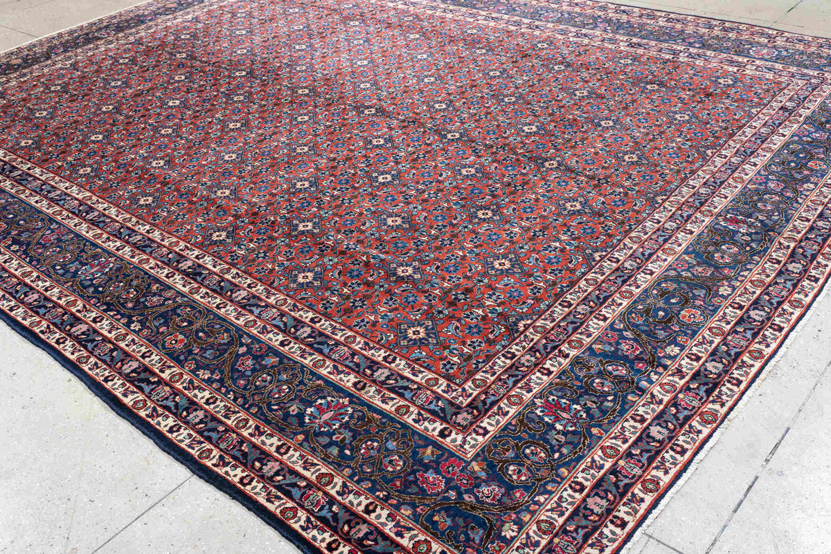 10' x 13' one-of-a-kind handmade antique Tehran large size rug. Color palette: crimson, navy, ivory, rust, slate, teal, rose
