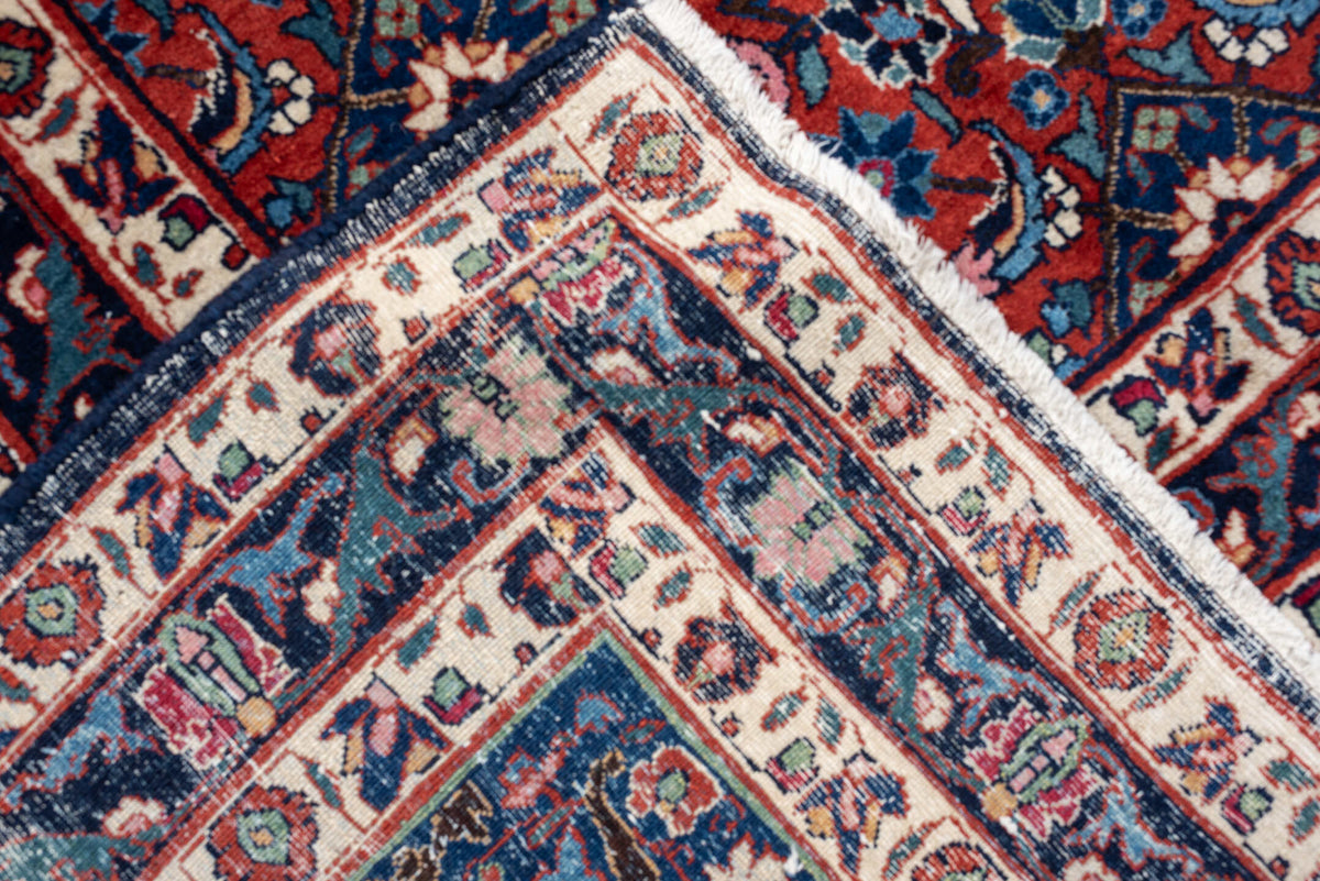 10' x 13' one-of-a-kind handmade antique Tehran large size rug. Color palette: crimson, navy, ivory, rust, slate, teal, rose