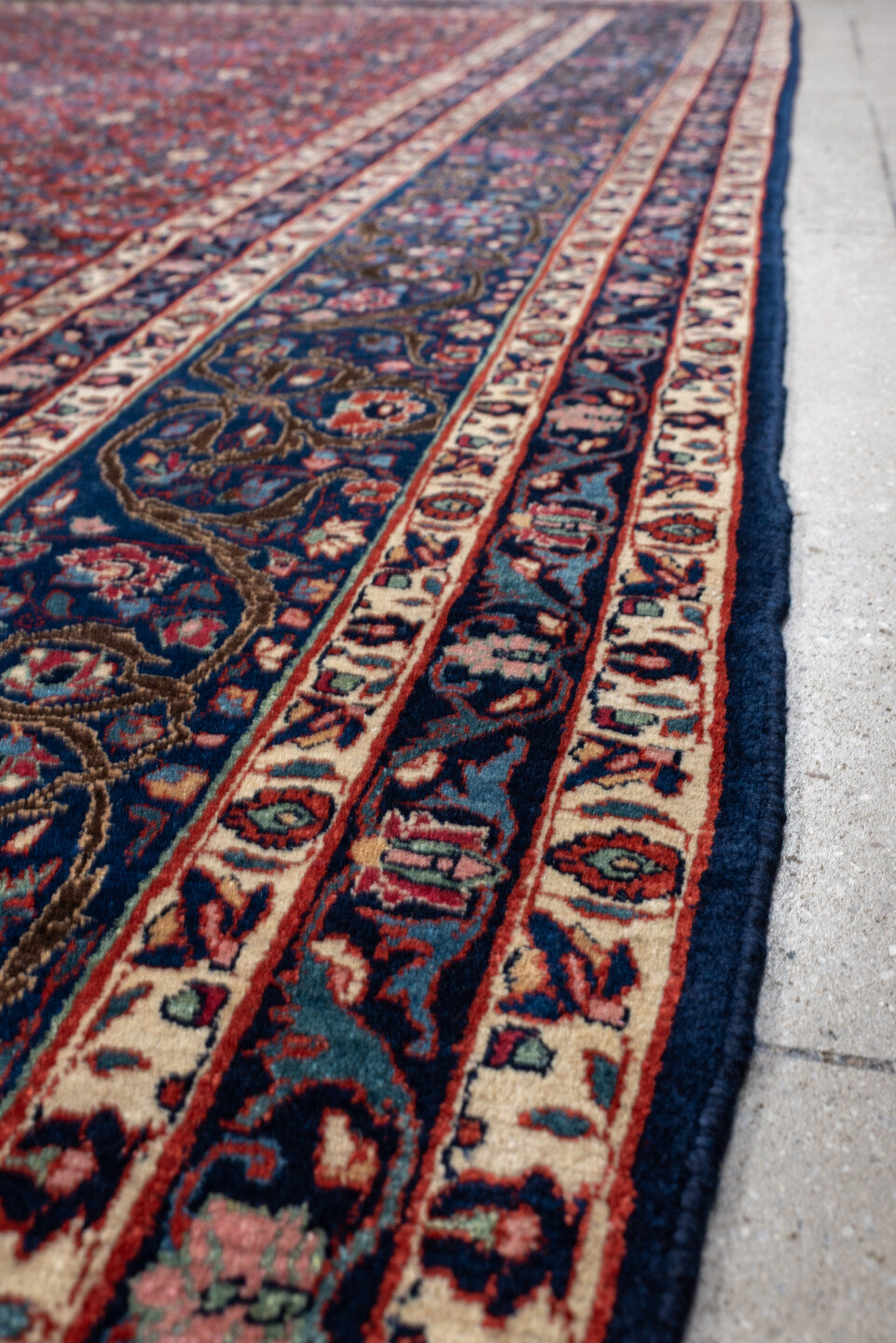 10' x 13' one-of-a-kind handmade antique Tehran large size rug. Color palette: crimson, navy, ivory, rust, slate, teal, rose