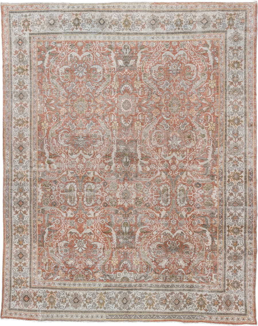 10' x 13' one-of-a-kind handmade antique Mahal oversize rug. Color palette: terracotta, ivory, taupe, sage, gray, rust