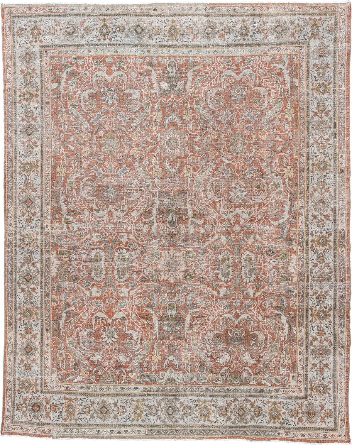 10' x 13' one-of-a-kind handmade antique Mahal oversize rug. Color palette: terracotta, ivory, taupe, sage, gray, rust