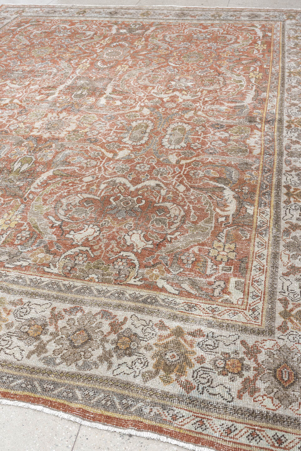10' x 13' one-of-a-kind handmade antique Mahal oversize rug. Color palette: terracotta, ivory, taupe, sage, gray, rust
