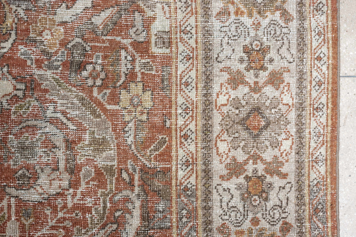 10' x 13' one-of-a-kind handmade antique Mahal oversize rug. Color palette: terracotta, ivory, taupe, sage, gray, rust