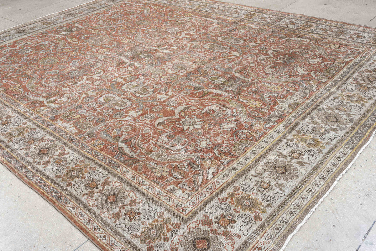 10' x 13' one-of-a-kind handmade antique Mahal oversize rug. Color palette: terracotta, ivory, taupe, sage, gray, rust
