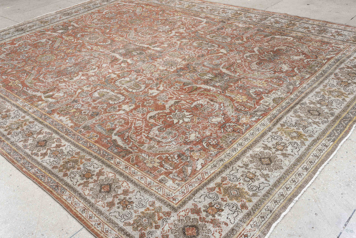 10' x 13' one-of-a-kind handmade antique Mahal oversize rug. Color palette: terracotta, ivory, taupe, sage, gray, rust