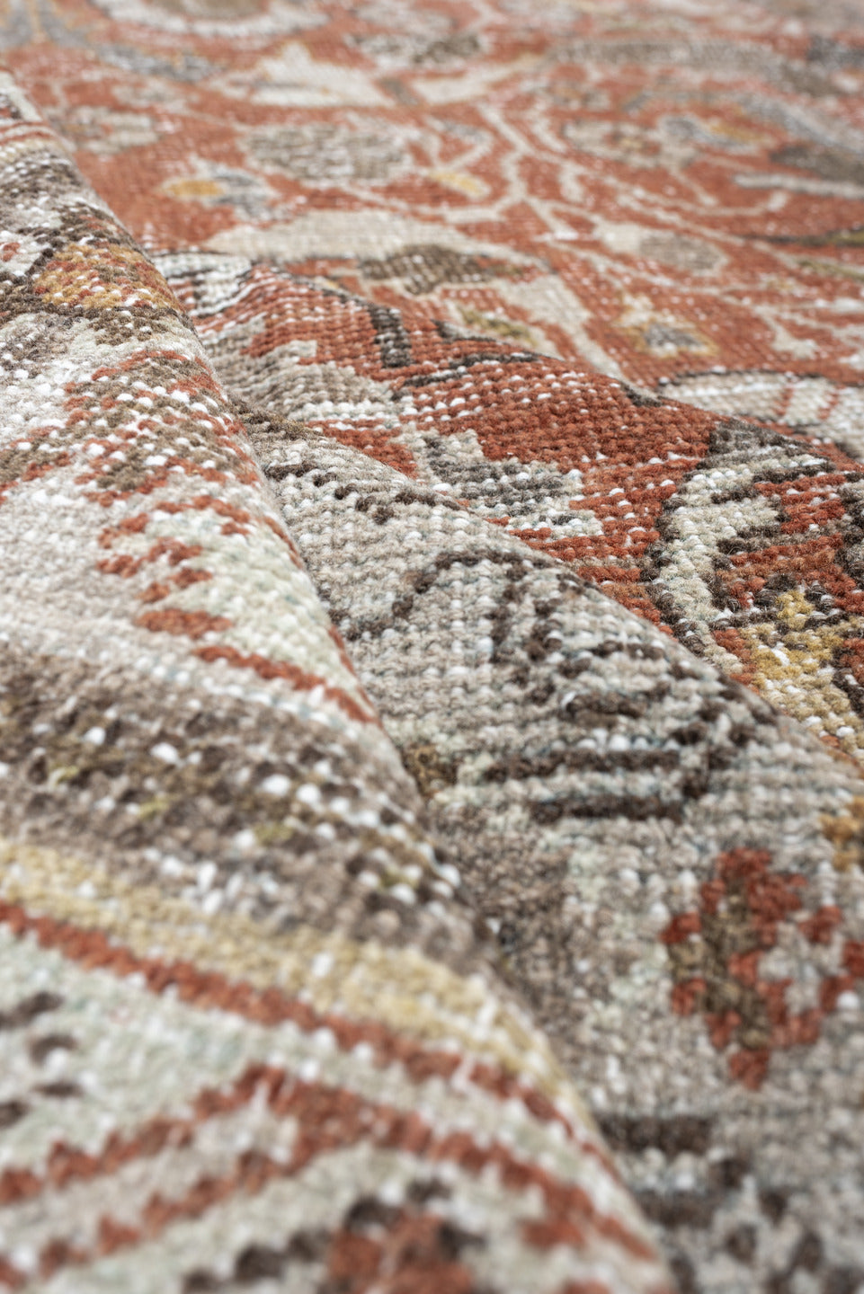 10' x 13' one-of-a-kind handmade antique Mahal oversize rug. Color palette: terracotta, ivory, taupe, sage, gray, rust