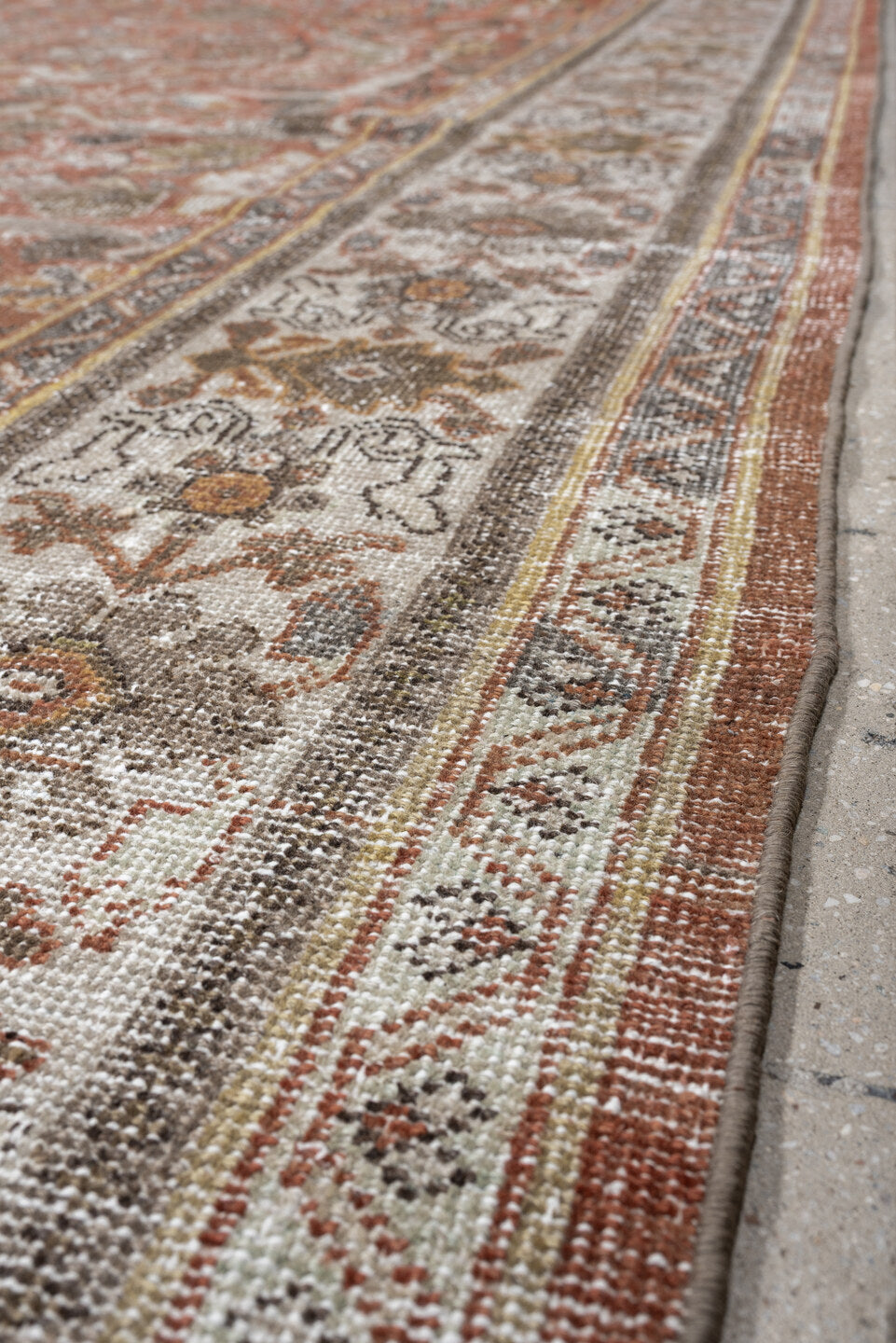 10' x 13' one-of-a-kind handmade antique Mahal oversize rug. Color palette: terracotta, ivory, taupe, sage, gray, rust