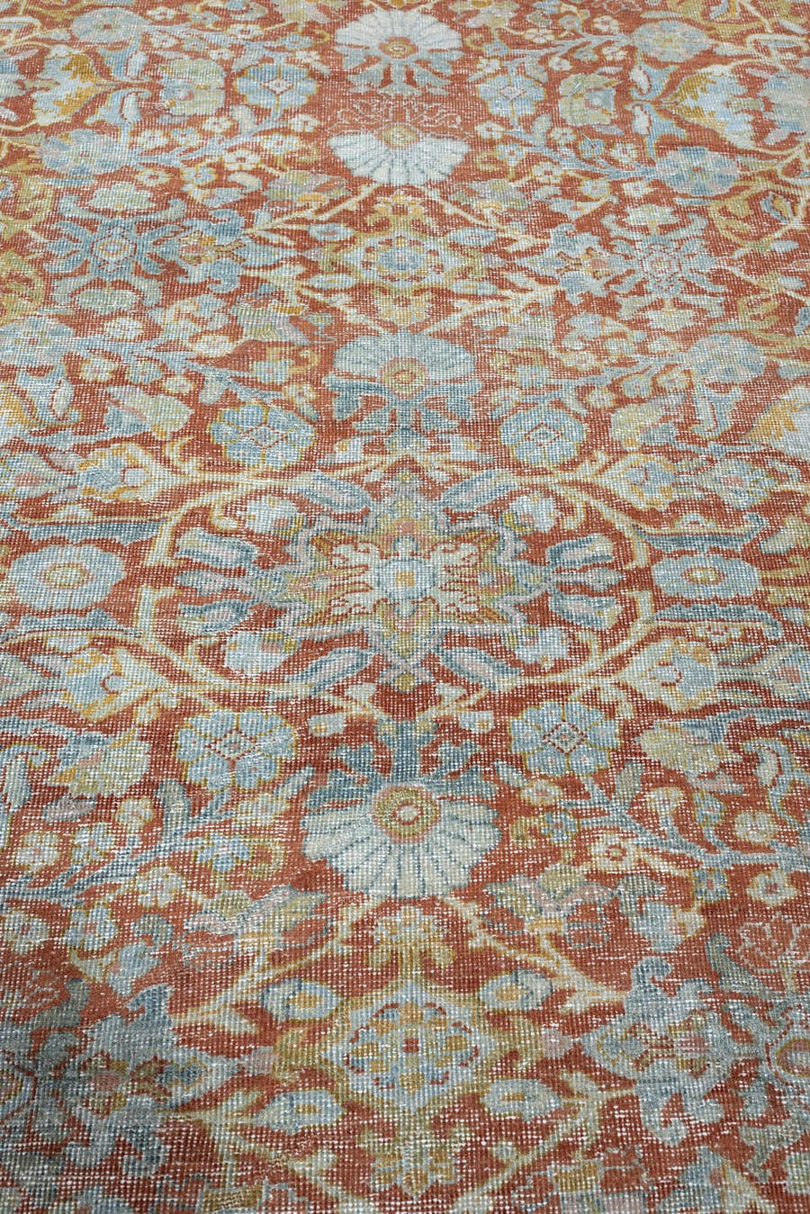 8' x 12' one-of-a-kind handmade antique Mahal large size rug. Color palette: rust, aqua, ivory, blue gray, sage, gold