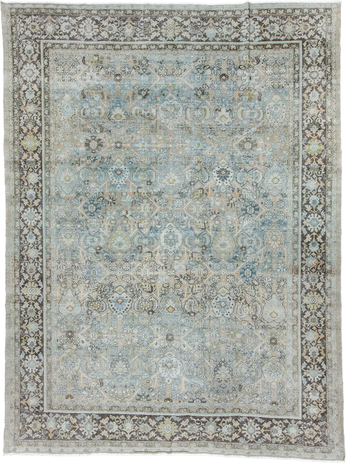 8' x 11' one-of-a-kind handmade antique Mahal large size rug. Color palette: blue gray, ivory, charcoal, taupe, sage