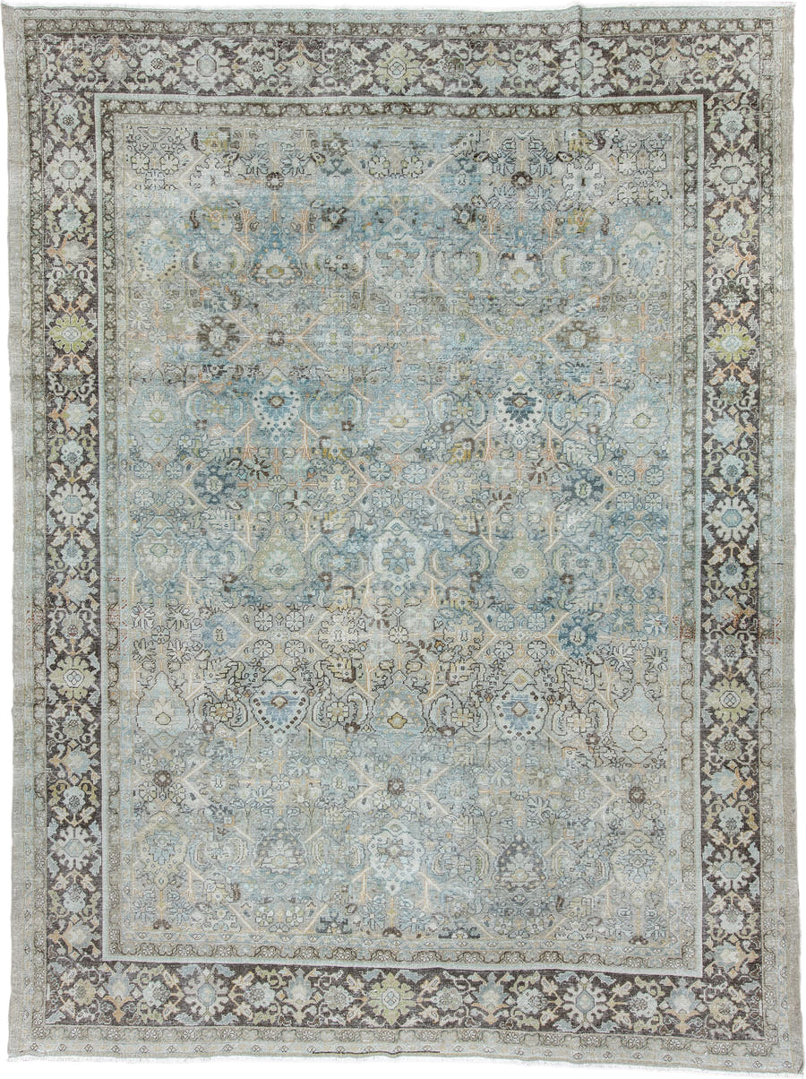 8' x 11' one-of-a-kind handmade antique Mahal large size rug. Color palette: blue gray, ivory, charcoal, taupe, sage