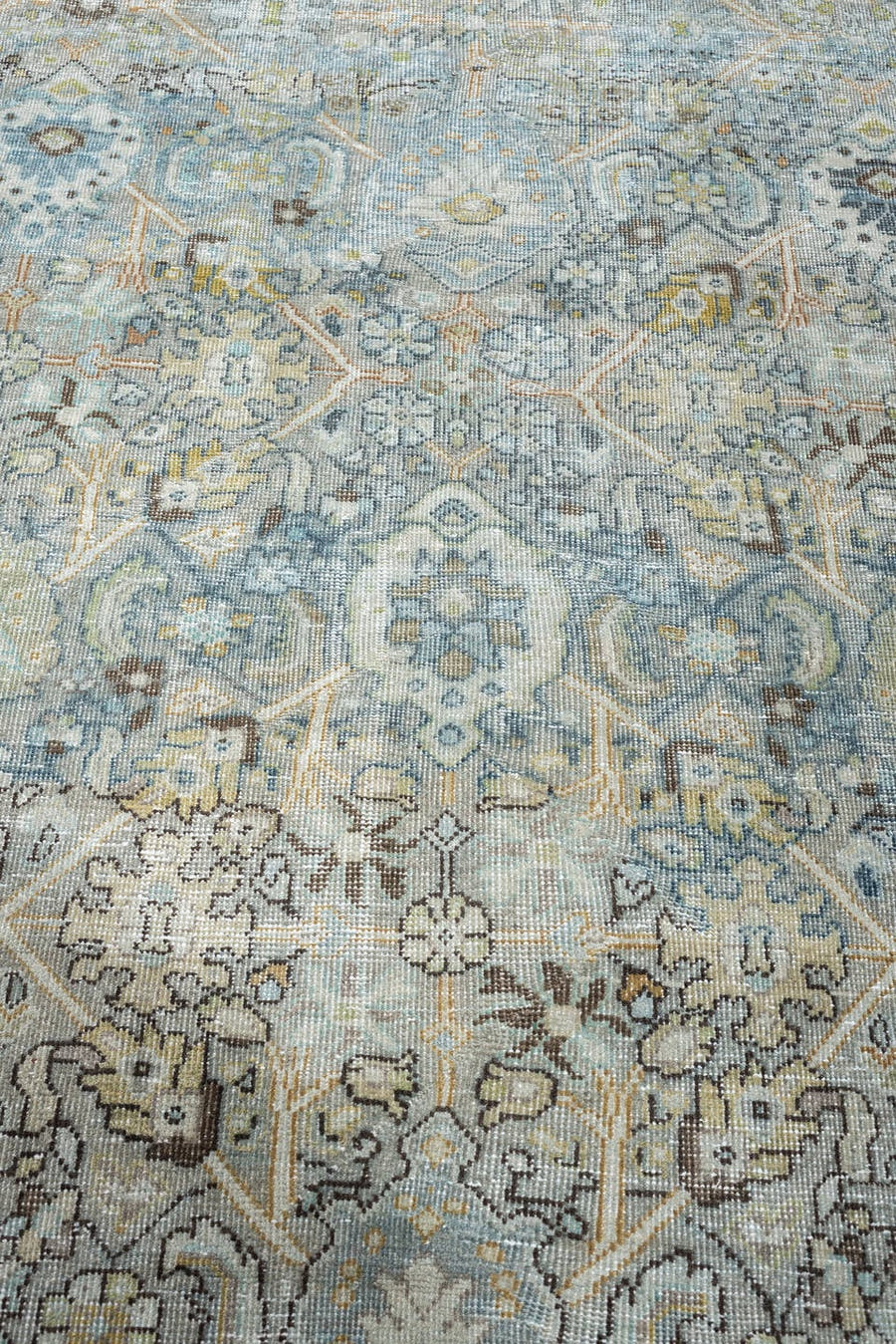 8' x 11' one-of-a-kind handmade antique Mahal large size rug. Color palette: blue gray, ivory, charcoal, taupe, sage