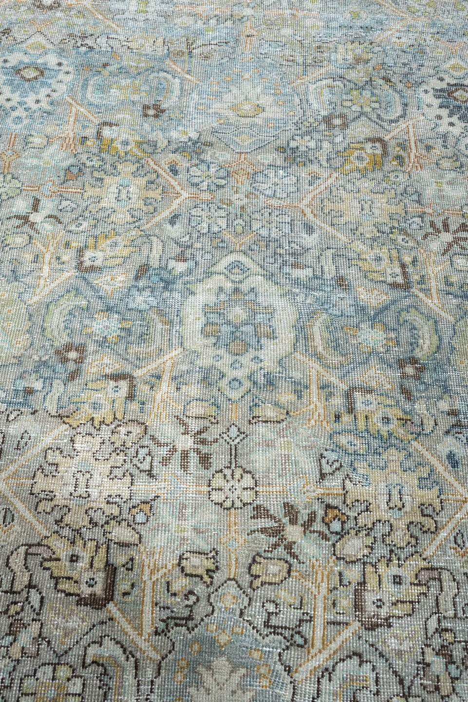 8' x 11' one-of-a-kind handmade antique Mahal large size rug. Color palette: blue gray, ivory, charcoal, taupe, sage