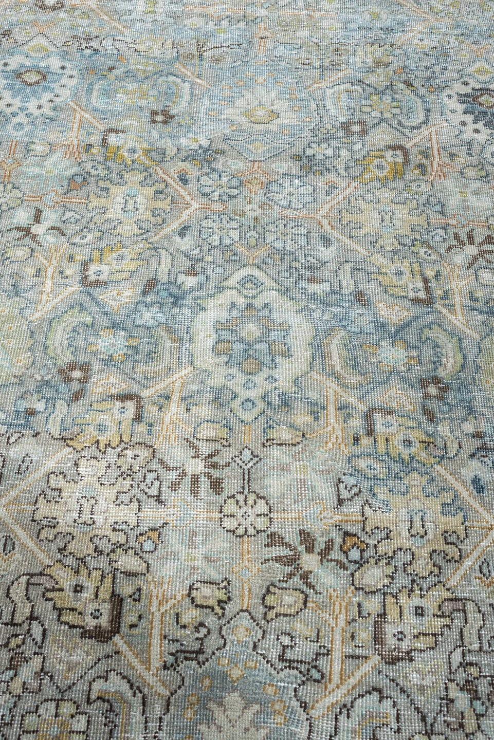 8' x 11' one-of-a-kind handmade antique Mahal large size rug. Color palette: blue gray, ivory, charcoal, taupe, sage